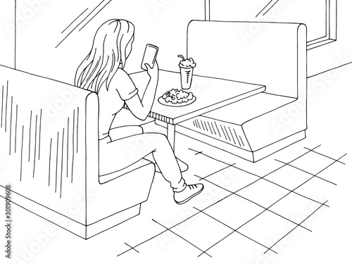 Girl taking food photo in cafe graphic black white interior sketch illustration vector