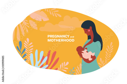 Pregnancy and motherhood. Lactation banner. Afro woman holding a newborn baby in her arms and breastfeeding. Mothers Day. The baby is drinking breast milk. Vector flat stock isolated on a white backgr
