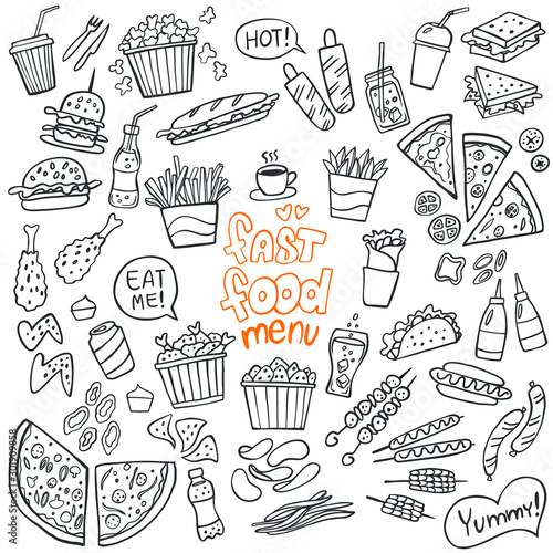 Set of fast food doodles on white. Vector illustration. Perfect for menu or food package design.