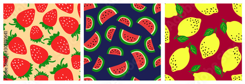 Watermelon, strawberry, lemon. Fruit seamless pattern set. Fashion clothing design. Food print for dress, skirt, linens or curtain. Hand drawn vector sketch background collection