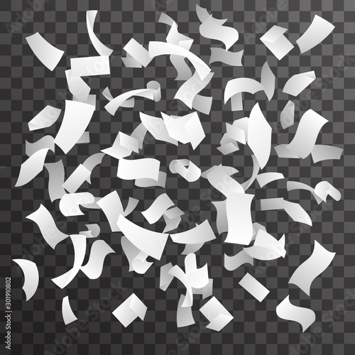 Blank paper rain fall flying floating confetti transparent background mockup 3d realistic design vector illustration