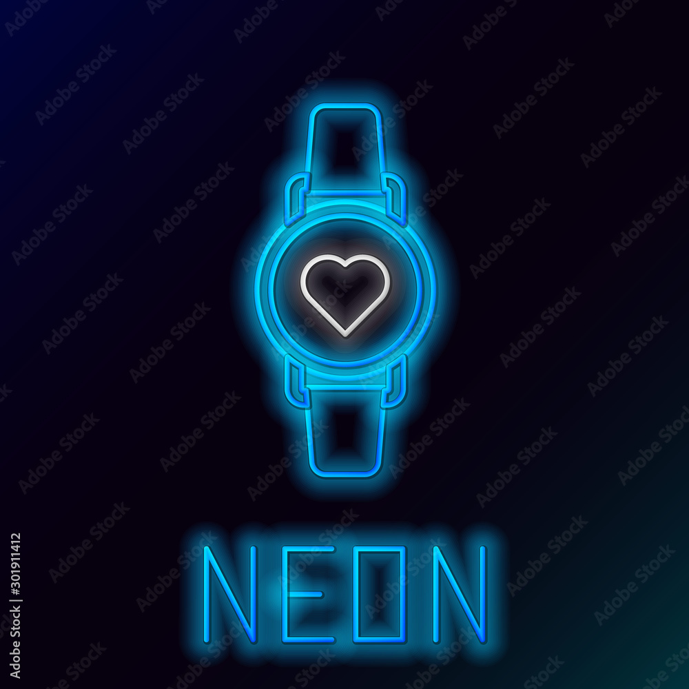 Glowing neon Smart watch showing heart beat rate icon isolated on blue  background. Fitness App concept. Vector Stock Vector