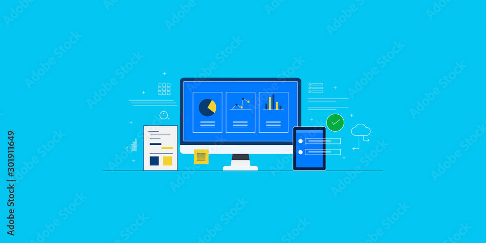 Business and finance concept. Big data analysis, data mining, marketing report. Flat design marketing web banner. Business and finance concept. Big data analysis, data mining, marketing report. Flat design marketing web banner.