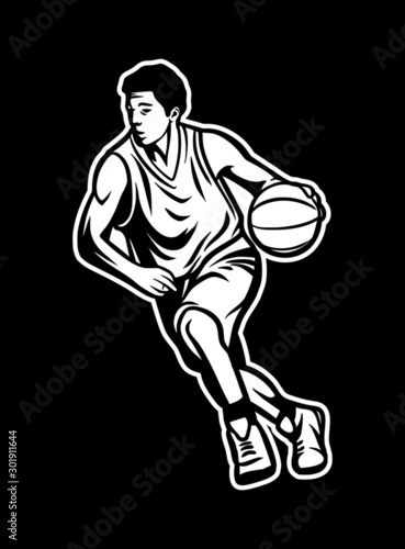 Vintage retro illustration of player run and do dribble black and white