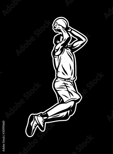 Vintage retro illustration of player jump and do dunk with two hand black and white