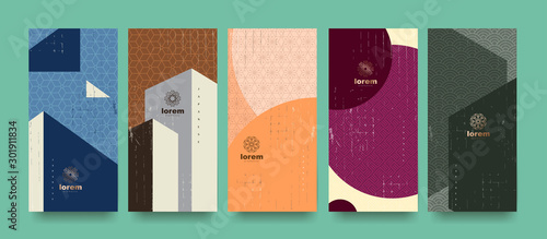 Vector set packaging templates japanese of nature luxury or premium products.logo design with trendy linear style.voucher, flyer, brochure.Menu book cover japan style vector illustration.