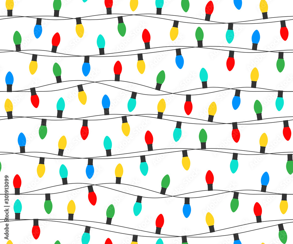 Naklejka premium Seamless pattern of colorful Christmas lights on white background. Vector illustration.