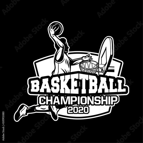 dunk professional player in modern sign or badge for your basketball team black and white