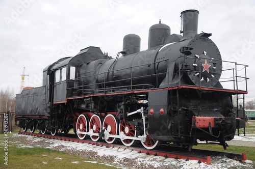Old black steam train from the museum of steam locomotives