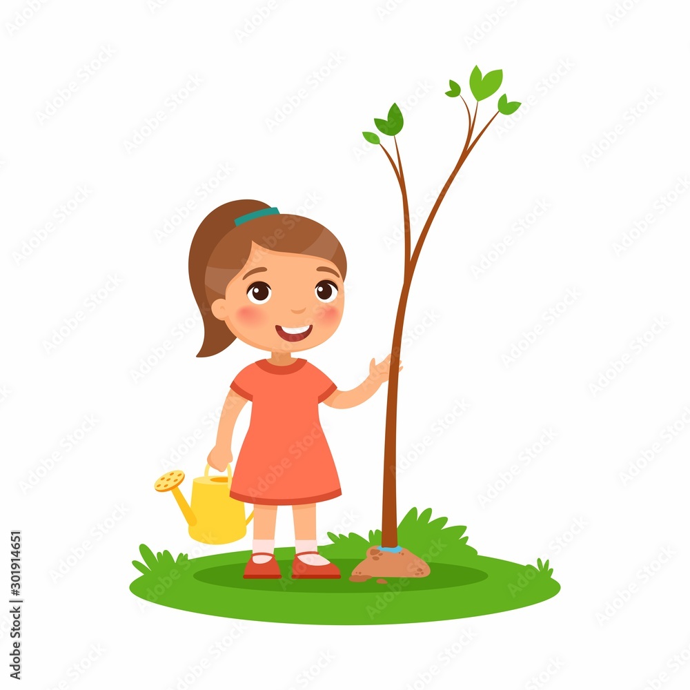 Cute little girl planting tree flat vector illustration. Happy kid  gardening cartoon character. Child cultivating young green plant isolated  on white background. Nature protection concept Stock Vector | Adobe Stock