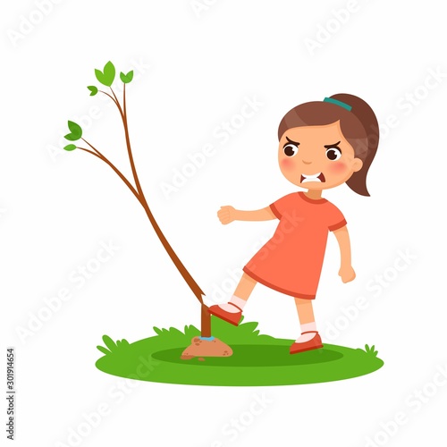 Aggressive girl breaking young tree flat vector illustration. Furious little kid damaging plant cartoon character. Angry child destroying nature isolated on white background. Ecology protection 