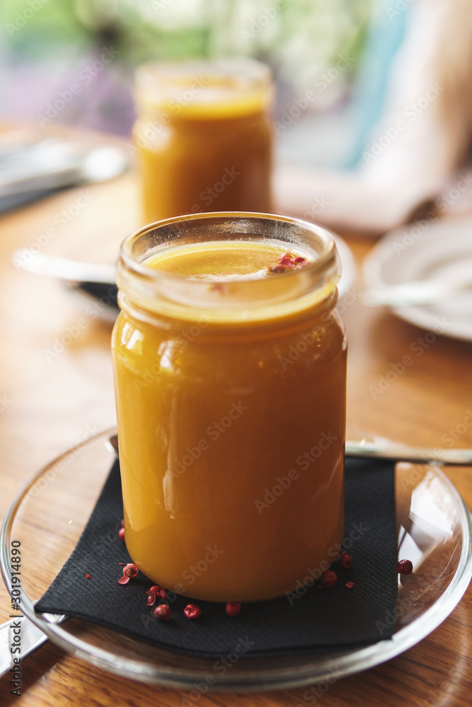Hot alcohol drink with sea buckthorn and pepper Hot alcohol drink with sea buckthorn and pepper