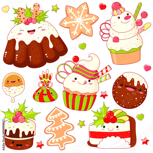 Set of cute Christmas sweet icons in kawaii style