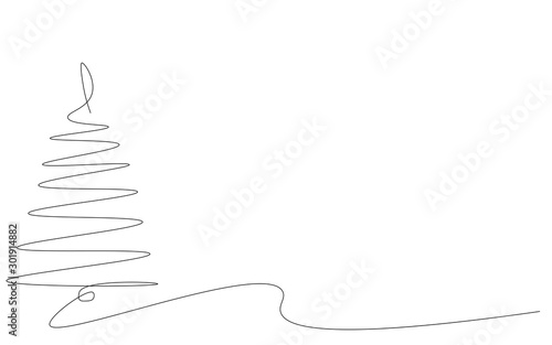Christmas background, tree one line drawing, vector illustration	