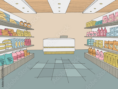 Grocery store shop interior color graphic sketch illustration vector