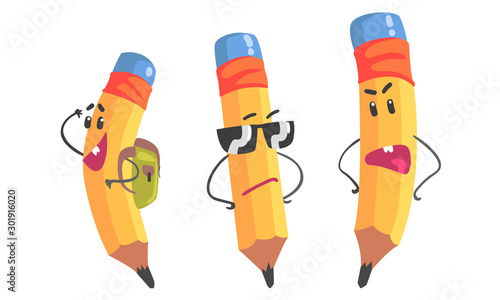 Set of yellow humanized pencils. Vector illustration