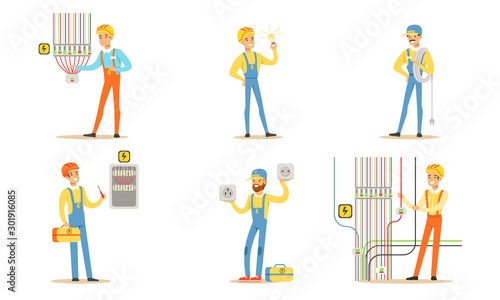 Group of electricians at work. Vector illustration