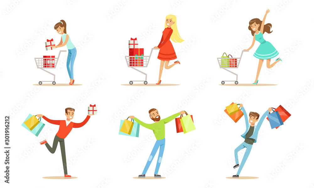 Fototapeta premium Joyful people with packages and shopping trolleys. Vector illustration