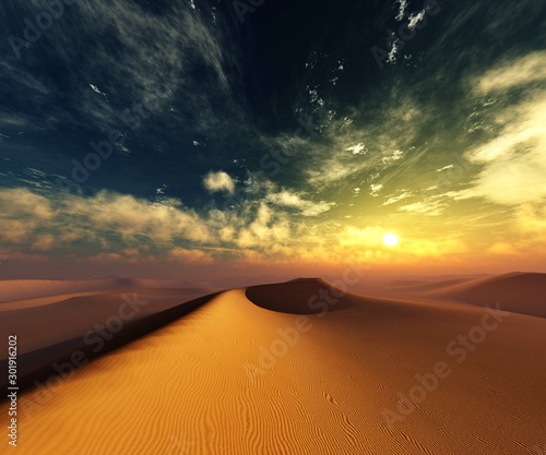 Desert at sunset, Sunrise in the sand. 3d rendering.