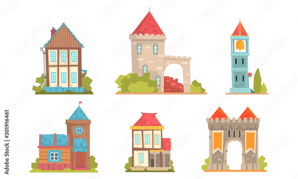 Collection of medieval buildings in the European style. Vector illustration.