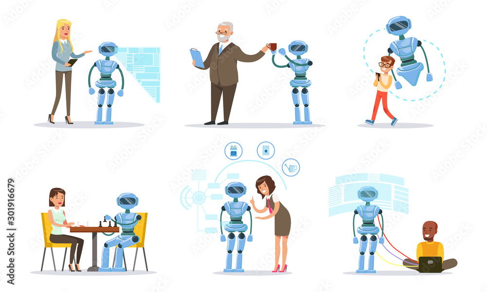 People customize the work of the assistant robot. Vector illustration.