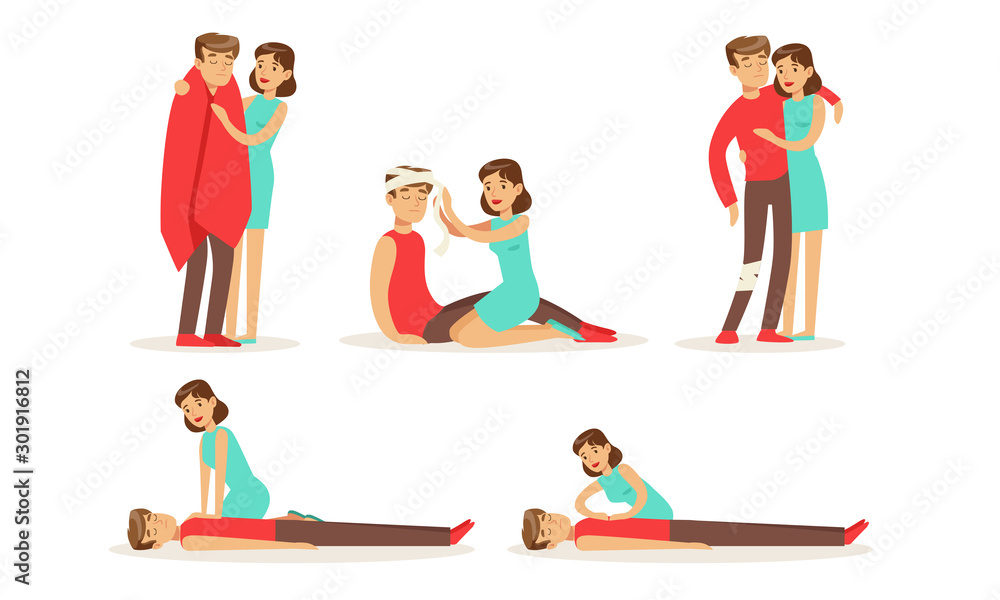 Woman provides first aid to a man. Vector illustration.