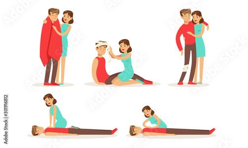 Woman provides first aid to a man. Vector illustration.