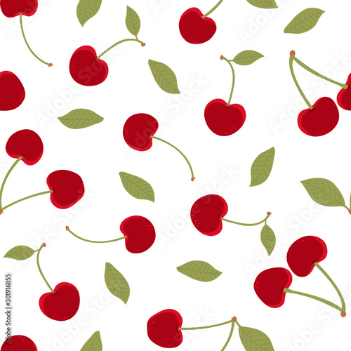 Cherries with stems and leaves on white background seamless pattern