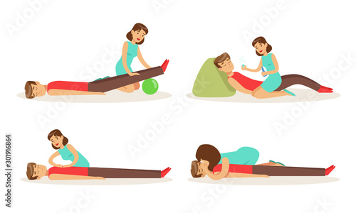 Woman in a green dress provides first aid to a man. Vector illustration.