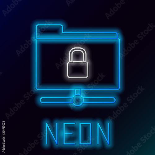 Blue glowing neon line FTP folder and lock icon isolated on black background. Concept of software update. Security, safety, protection concept. Colorful outline concept. Vector Illustration