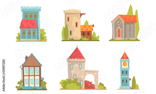 Collection of old stone buildings. Vector illustration.