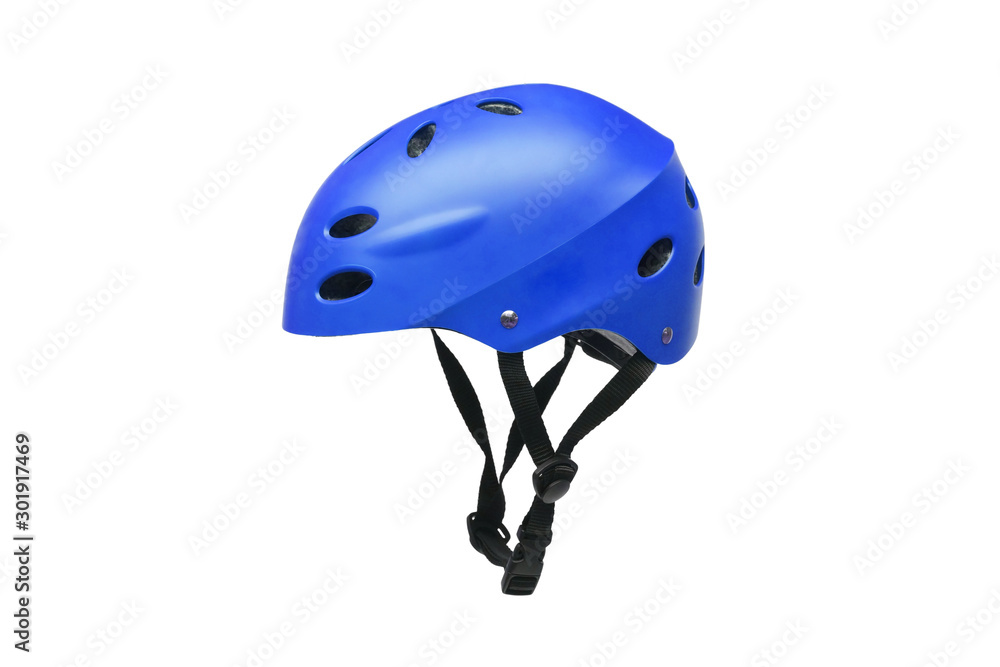 Fototapeta premium A helmet for riding bicycle or playing skate in blue color isolated on white background