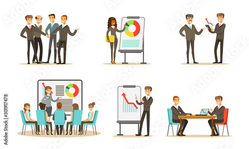 Managers at a meeting in the office. Vector illustration.