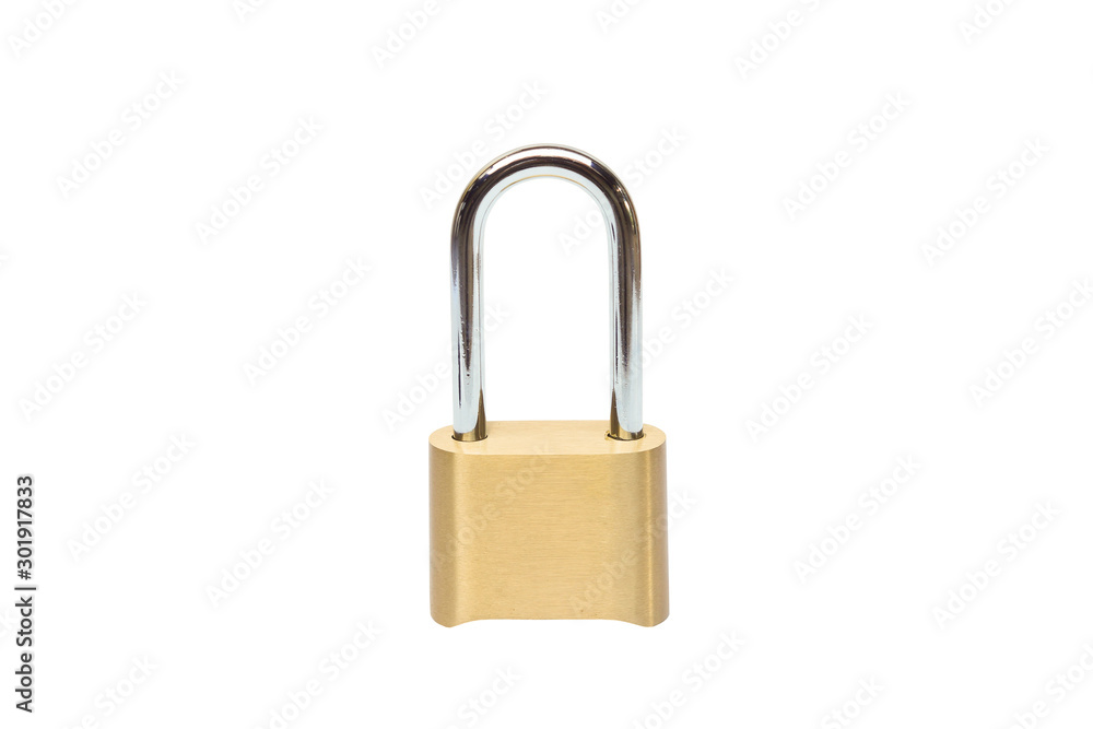 A brass padlock isolated on white background A brass padlock isolated on white background