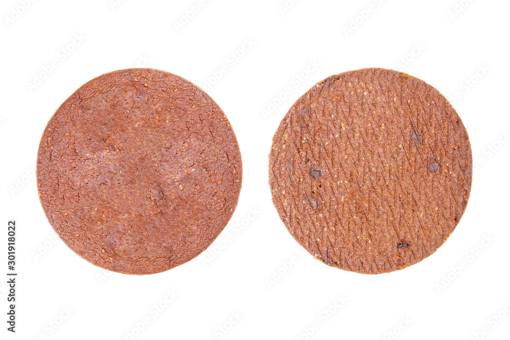 The front side and the back side of chocolate cookies isolated on white background The front side and the back side of chocolate cookies isolated on white background