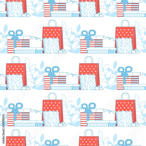 Fototapeta Naklejka Na Ścianę i Meble -  Festive Wrapped Gift Boxes Flat Seamless Pattern