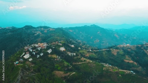 Ancient buddhist monastery in Himalayas Nepal from air