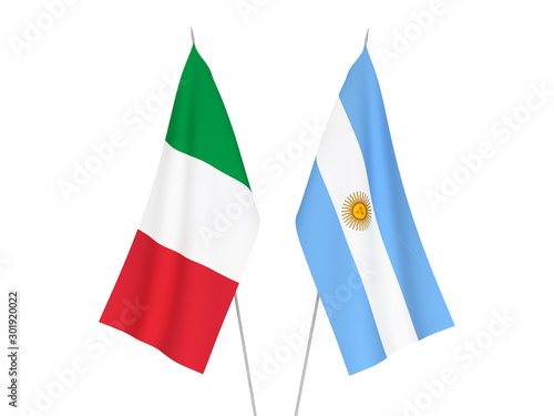 National fabric flags of Italy and Argentina isolated on white background. 3d rendering illustration.