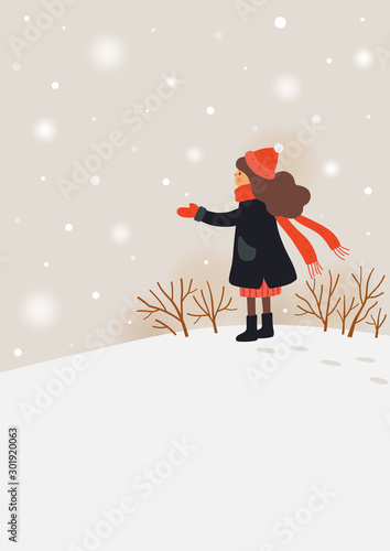 Girl standing in the snow on winter day. Winter season vector illustration.