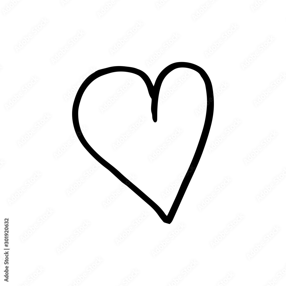 Hand drawn one heart. Simple doodle style icon. Single, careless vector heart. Black isolated on a white background.
