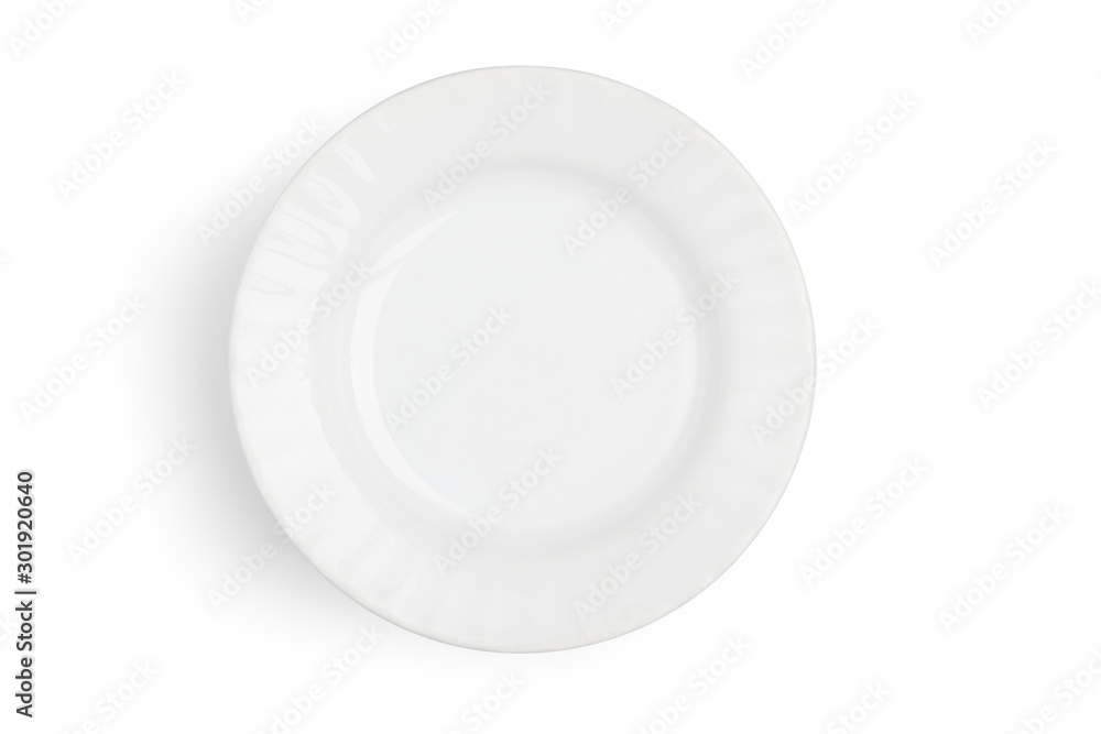 Top view (flat lay) of front white ceramic dish on isolated background with clipping path. Top view (flat lay) of front white ceramic dish on isolated background with clipping path.