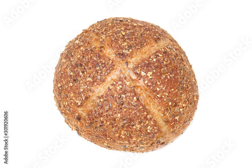 Photos Top view of round multigrain bread bun isolated on white background