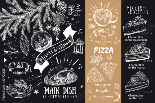 Christmas restaurant menu. Sketch illustration. Hand drawn illustration. Vector.