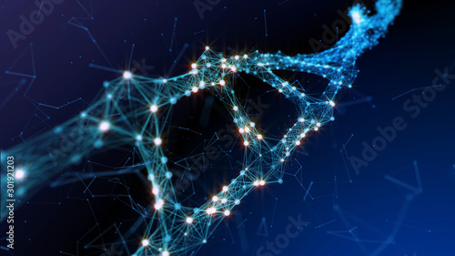 Abstract technological representation a digital plexus DNA molecule in dark blue background. 3d illustration photo