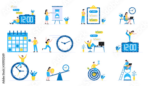 12 Effective Planning time management business concept set. Business people characters, flat style clipart for web banners isolated on white background with time symbols business elements.