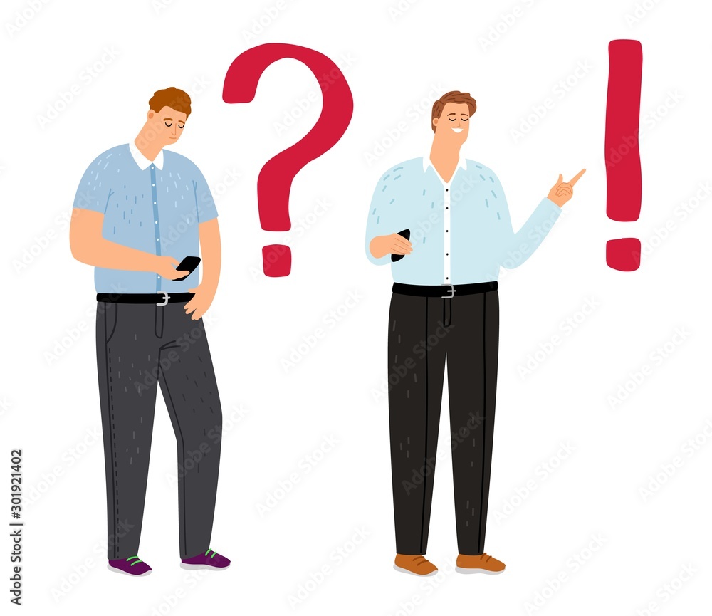 Problem solution concept. Troubled man student thinking, guy is looking information in smartphone. Vector dilemma, understand solution Problem solution concept. Troubled man student thinking, guy is looking information in smartphone. Vector dilemma, understand solution