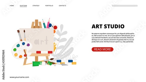 Art studio landing page. Art, painting tools vector web banner template. Brushes, paints, color pencil, easel elements