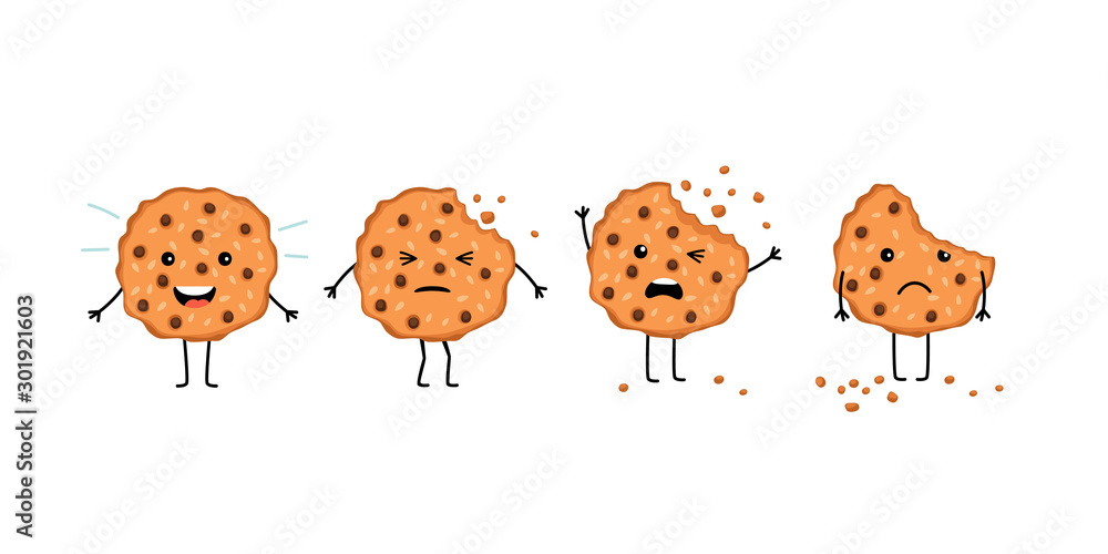Crumble cookie snack. Cartoon smile biscuit and chcolate cookies mascot  with eyes and bite, crunchy pastries with crumbs character isolated on  white background Векторный объект Stock | Adobe Stock