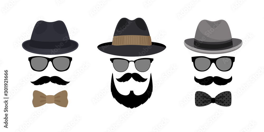Invisable man hat mustache and glasses. Cartoon vintage abstract male face,  bearded gentleman with bowler and bow tie, hipster nerd retro fashion  portrait on white Stock Vector | Adobe Stock