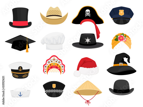 Carnival costumes hats. Fashion hat clothes accessory collectiorn, vintage police sheriff and traditional russian kokoshnik, witch and chef hats outfit